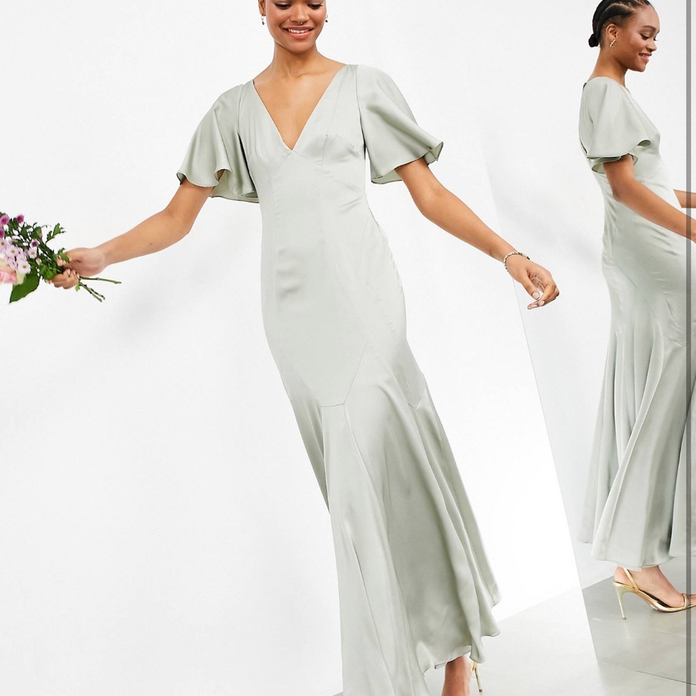 ASOS sage satin bridesmaid dress